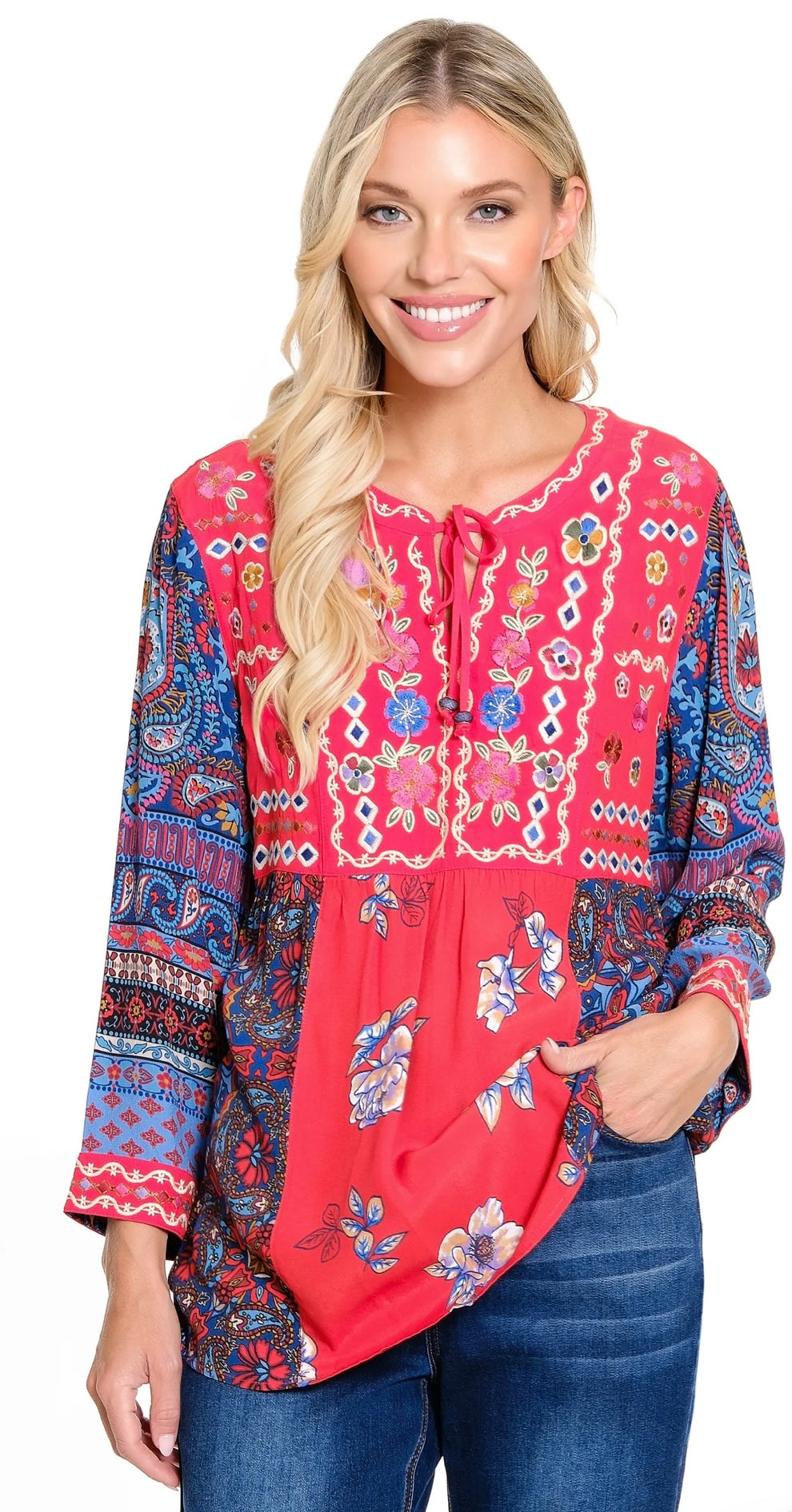 EMB TIE FRNT MULTI PRNT TUNIC