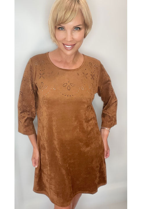 DRESS FAUX SUEDE COGNAC W/DETAILS