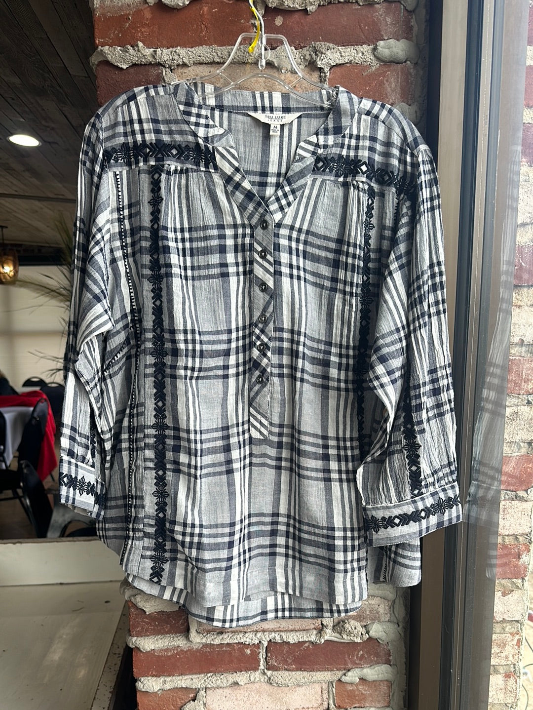 Plaid Henley w/ Border Embroidery
