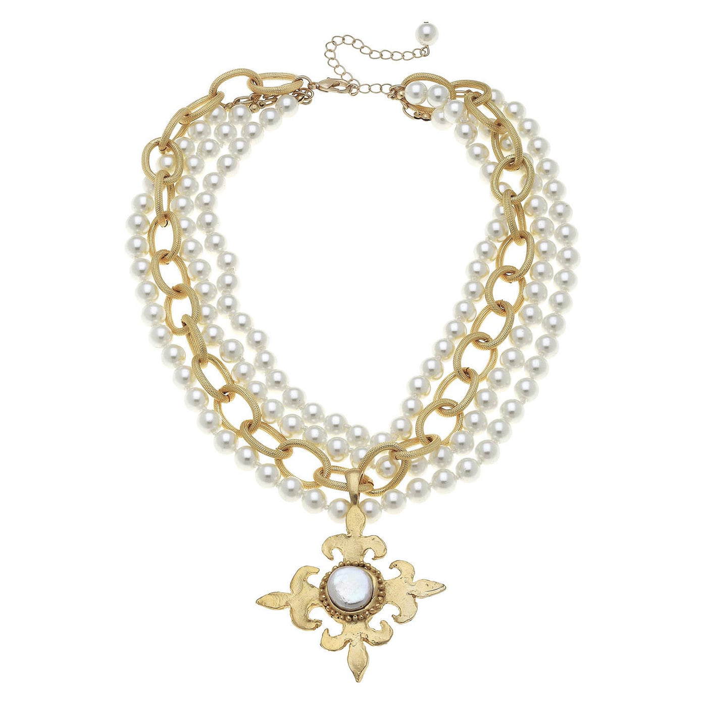 Multi-Strand Pearl and Gold Chain + Fleur de Lis Necklace