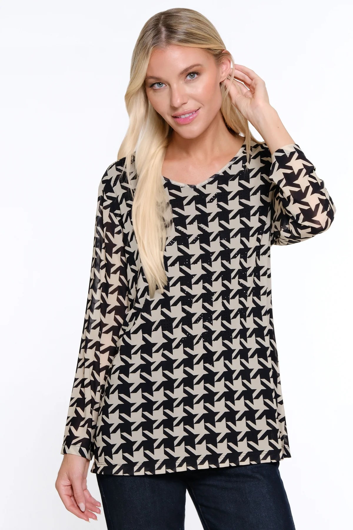 PRINTED MESH V-NECK TUNIC