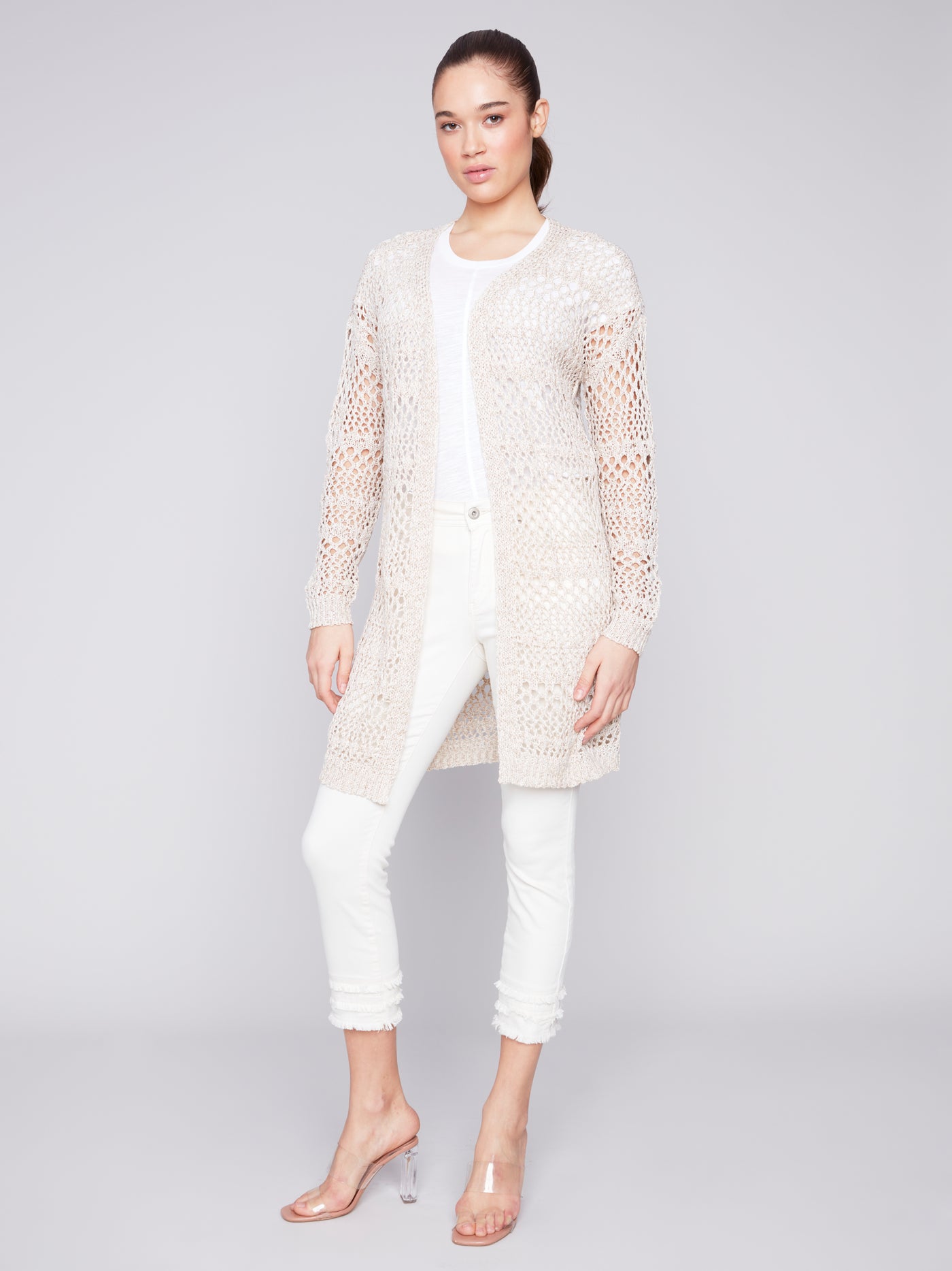 Knit Crochet Long Cardigan in Beige