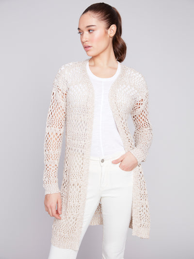 Knit Crochet Long Cardigan in Beige