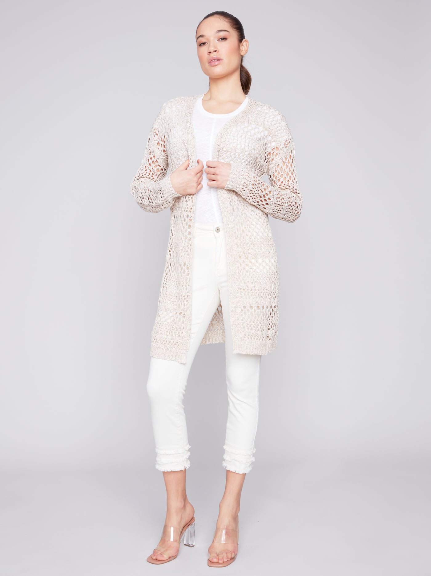 Knit Crochet Long Cardigan in Beige