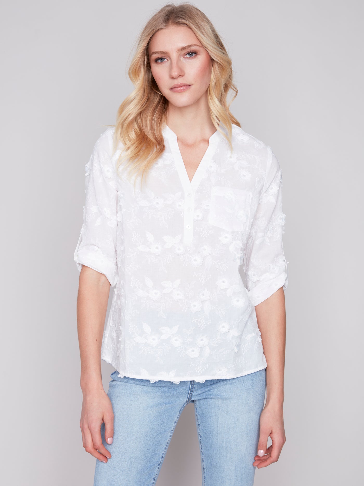 Blouse with Embroidery Fabric in Blanc White