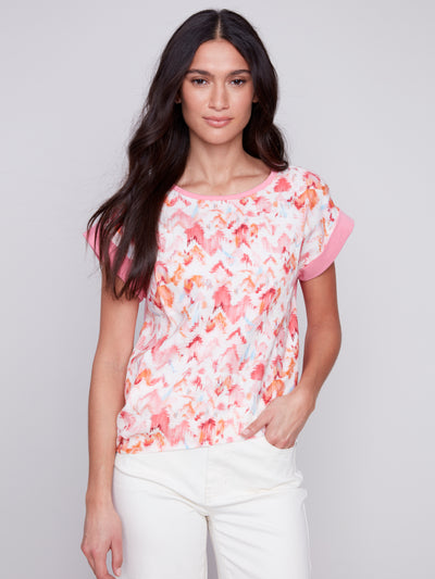Printed Woven Linen Knit Combo Top