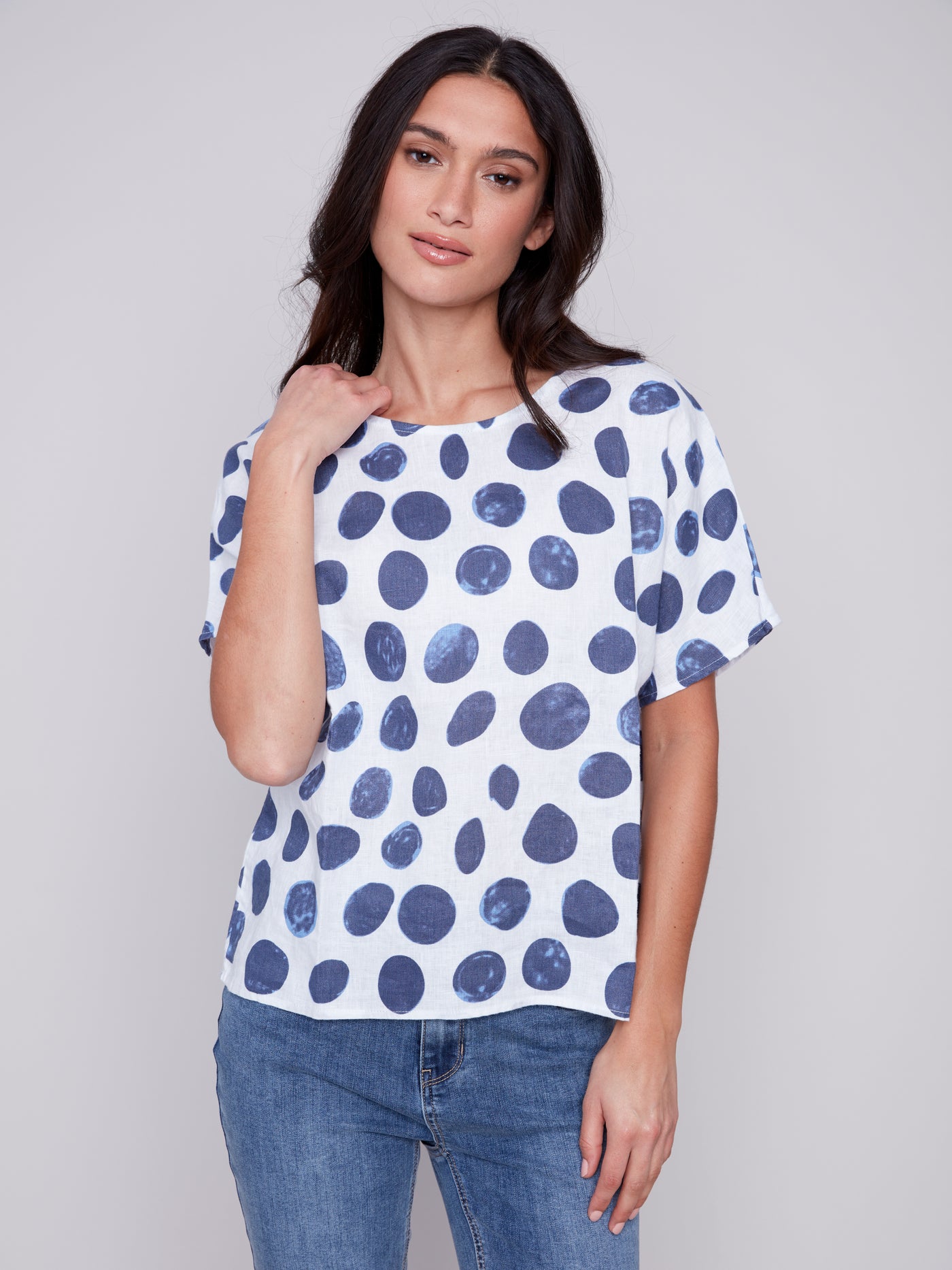 Printed Linen Dolman Dotted Sleeve Top