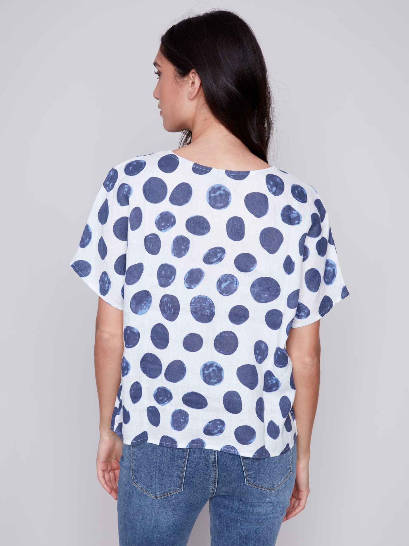 Printed Linen Dolman Dotted Sleeve Top