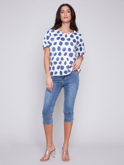 Printed Linen Dolman Dotted Sleeve Top
