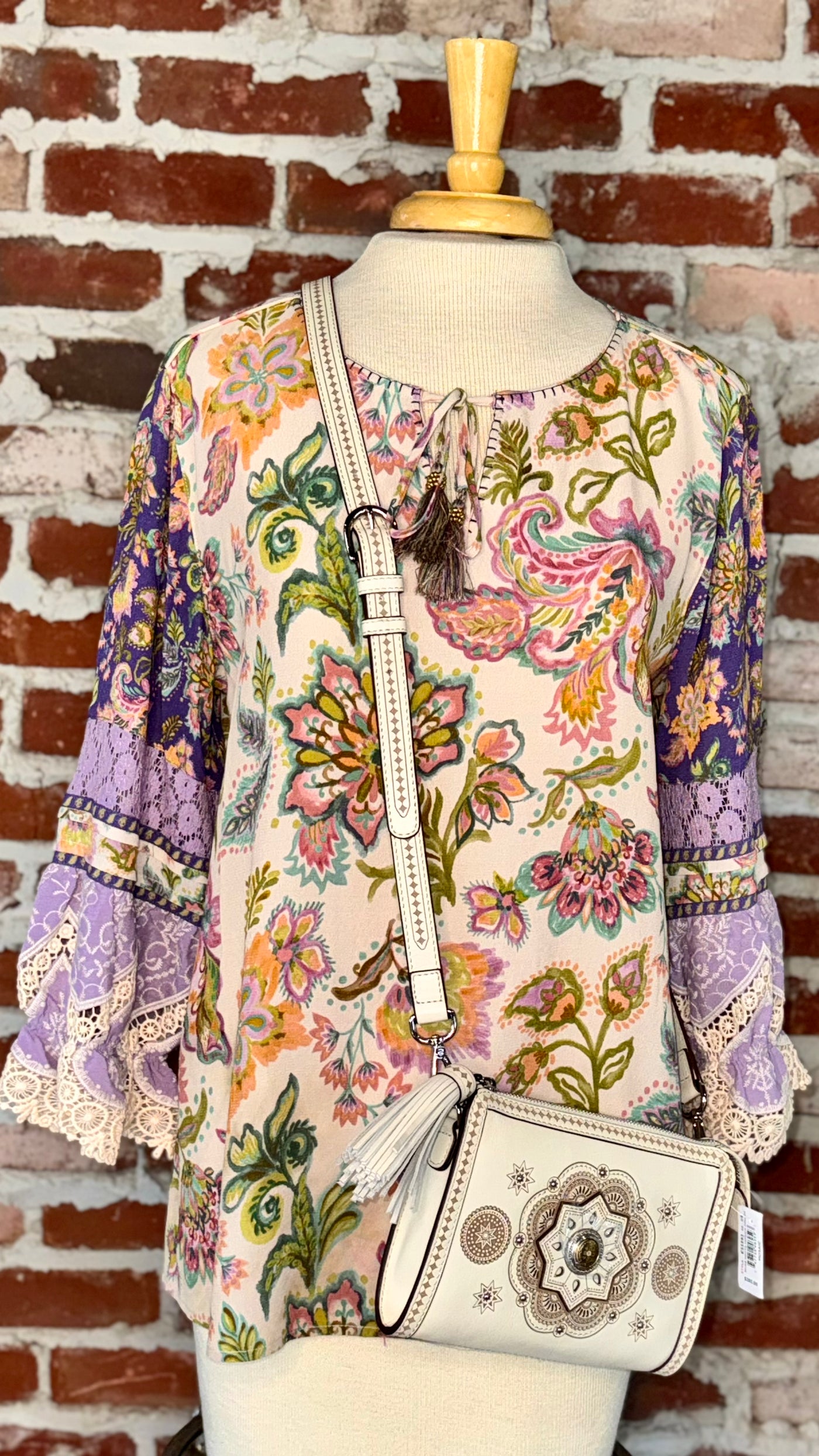 MIX PRINT PEASANT TOP W/TASSEL TIES