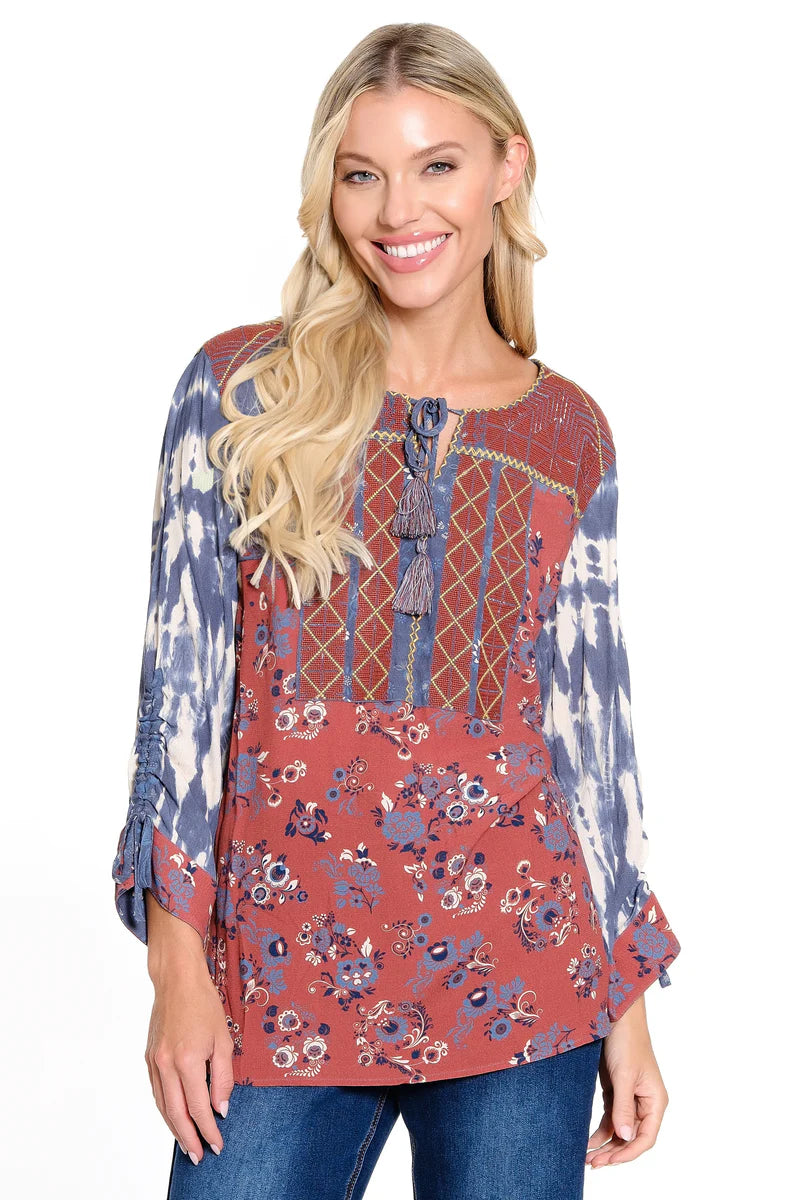 MIX PRNT EMB TASSEL TIE TUNIC