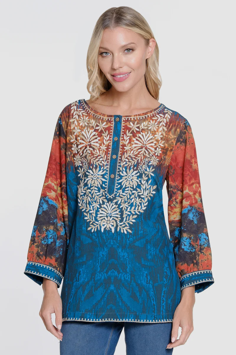 EMB BTTN UP TUNIC W/3/4 SLV