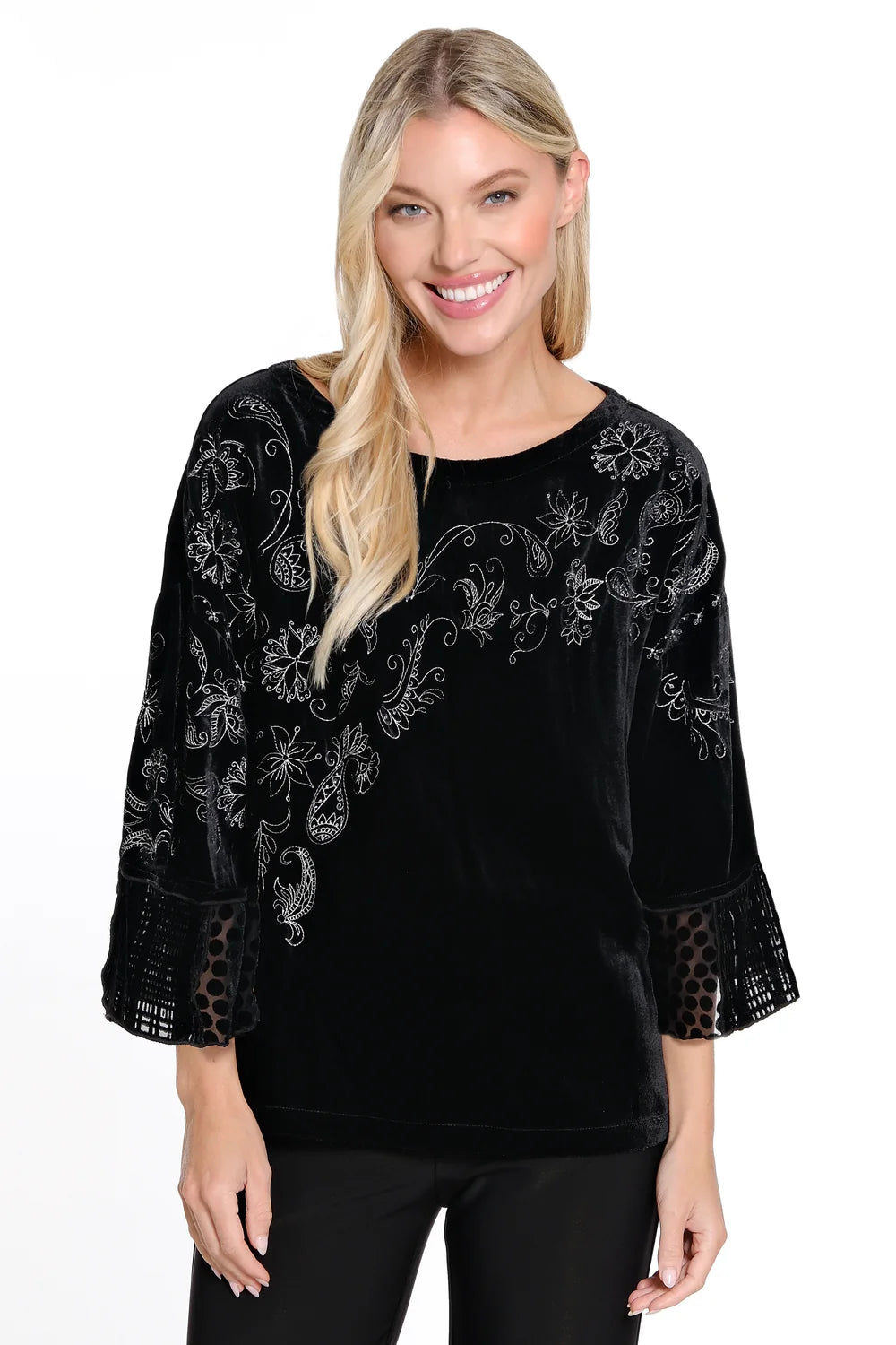 EMB VELVET TOP W/BELL 3/4SLVS