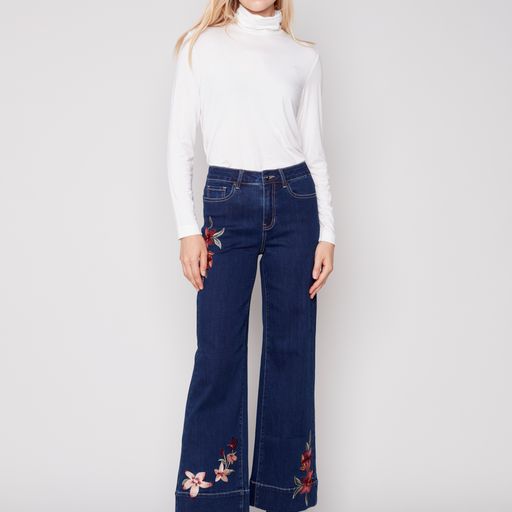 Stretch Denim Embroidered Bootleg Pant