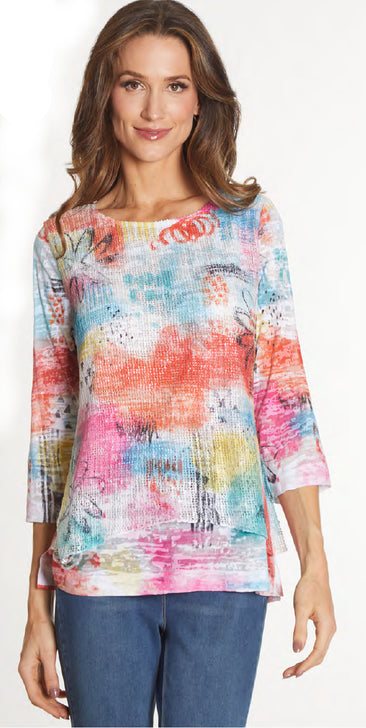 Double Layer Print Knit Tunic with 3/4 sleeves