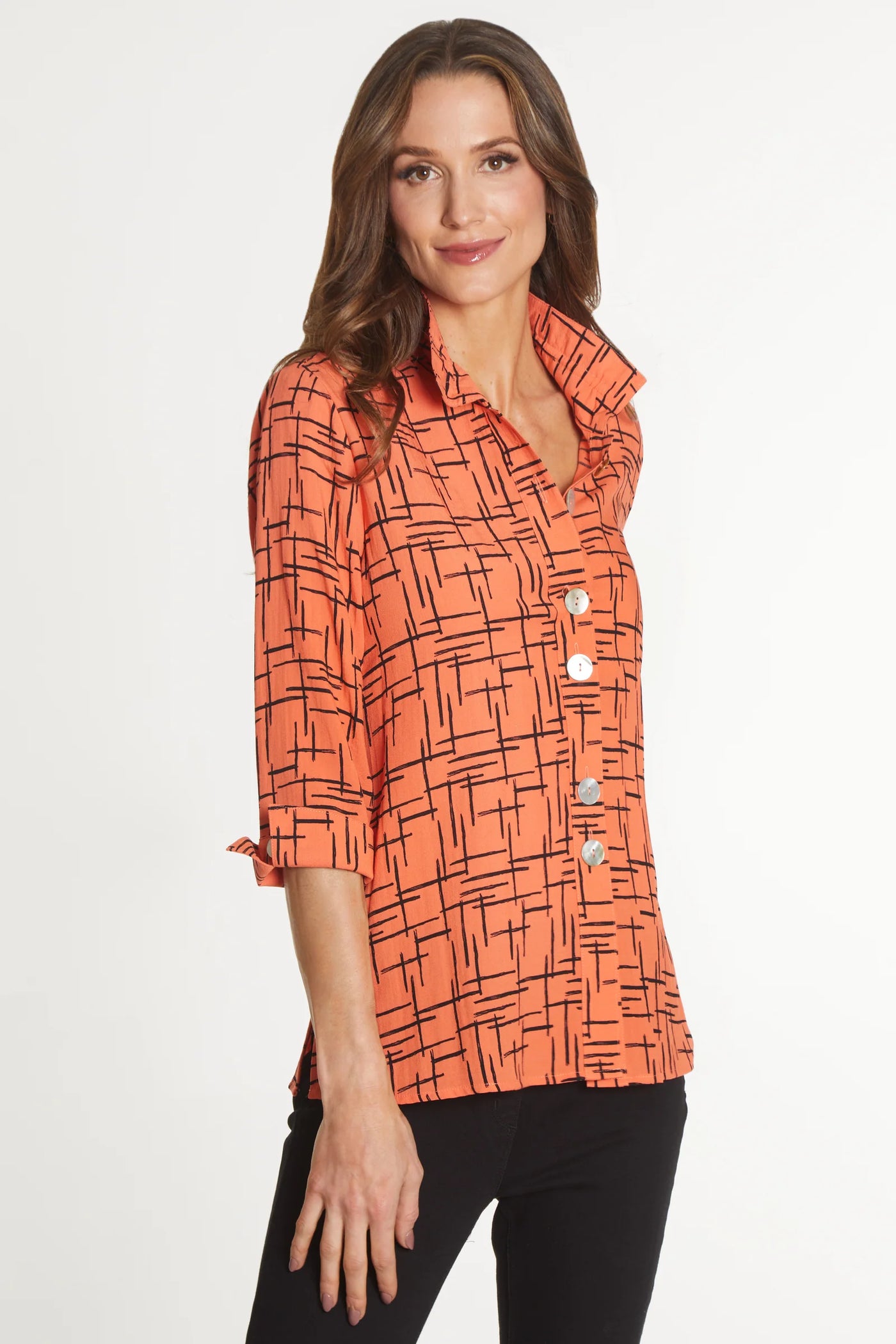 PRINT CRNKLE BTTN FRONT TUNIC