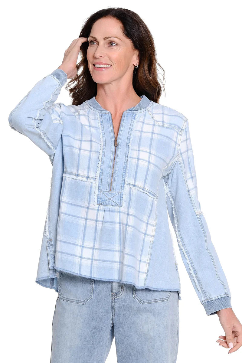 PLAID AND DENIM ZIP UP SHIRT