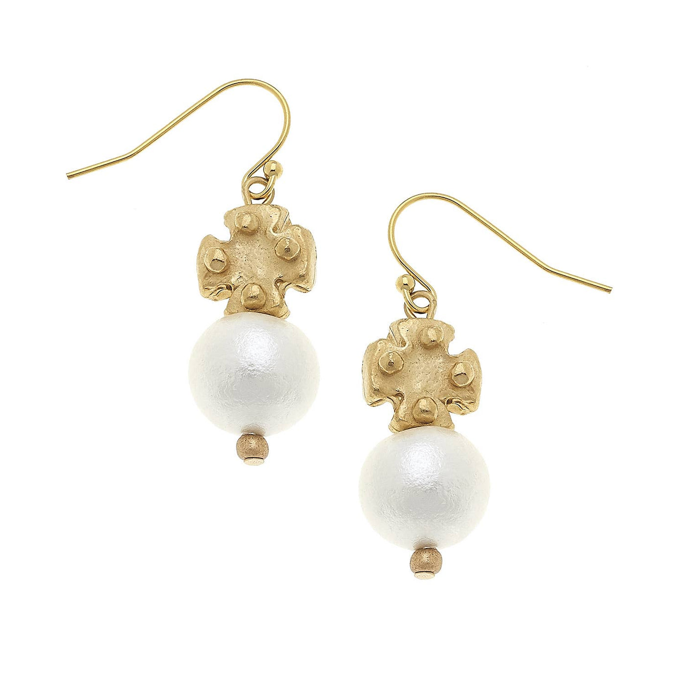 Cotton Pearl and Mini Gold Cross Earrings