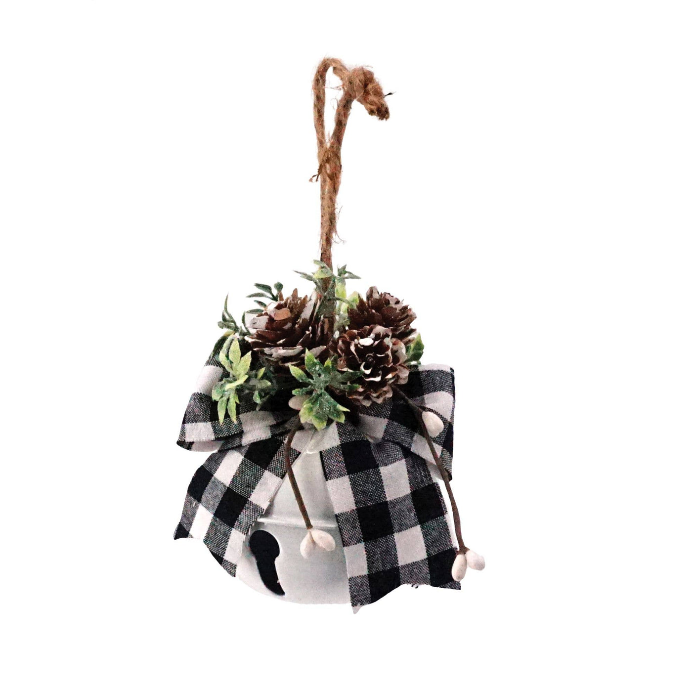 White Bell Ornament w/Black/White Plaid Bow