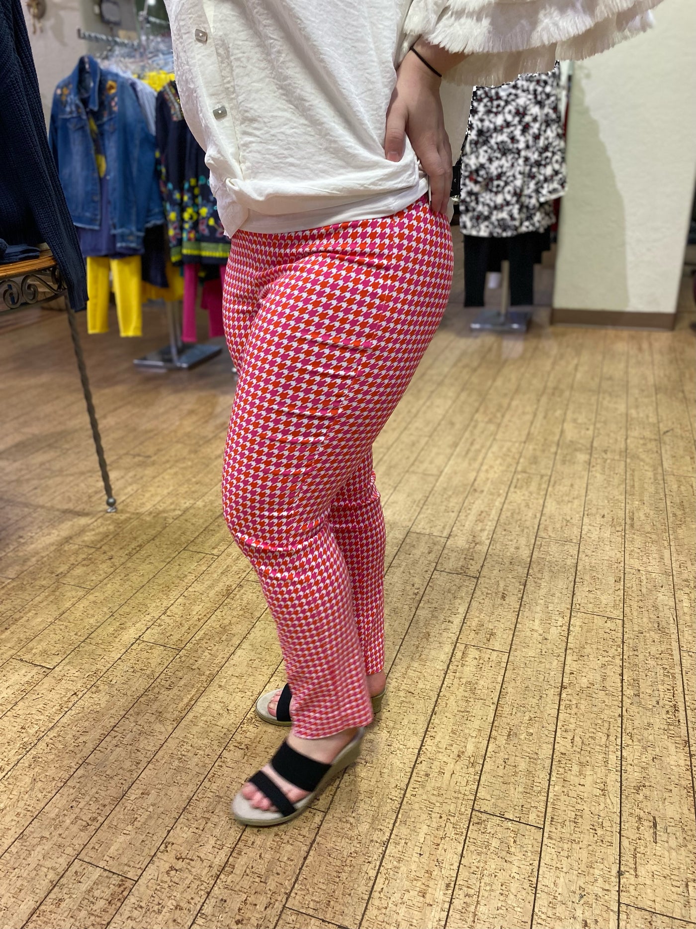 Pink Houndstooth Pant w/ Ankle Slit